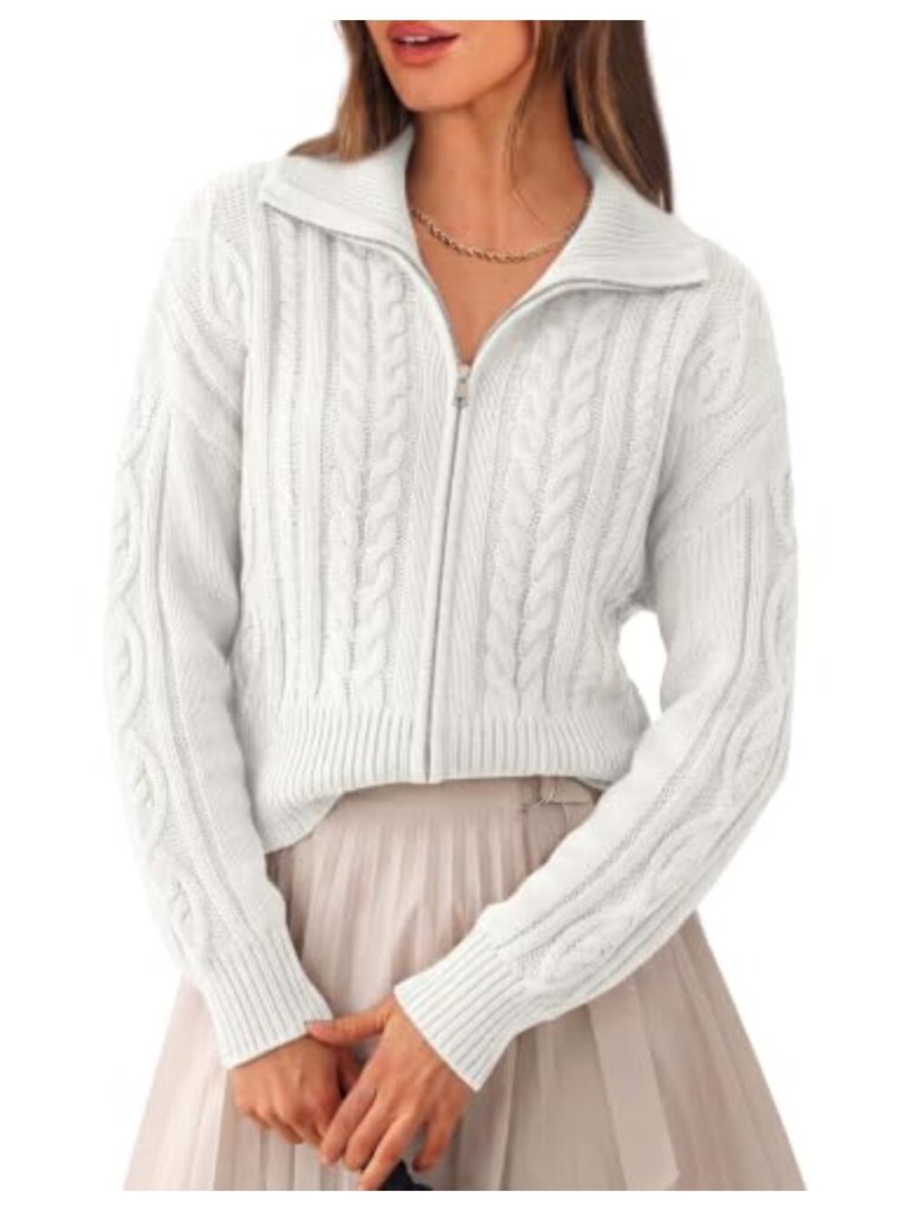 Cable Knit Cropped Cardigan Sweater Zip Up Long Sleeve Collared Relaxed